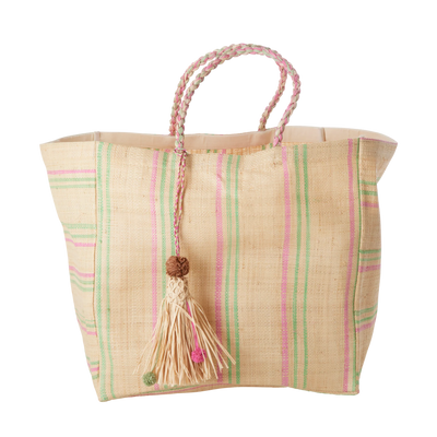 Veske Raffia med Rosa og Grønne Striper Rice
