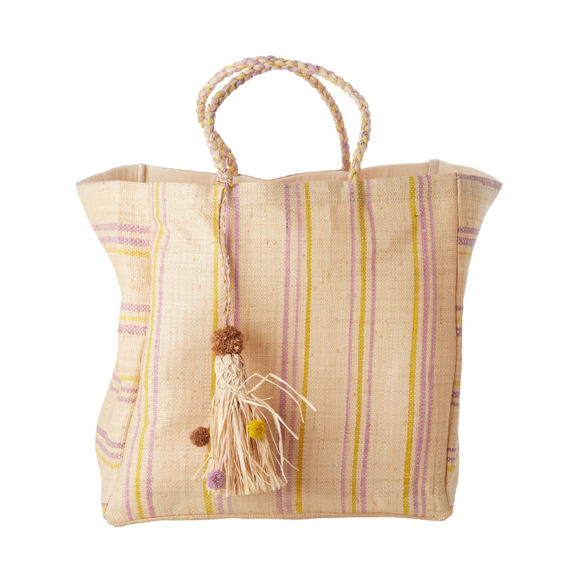 Veske Raffia med Gule og Lavendel Striper Rice