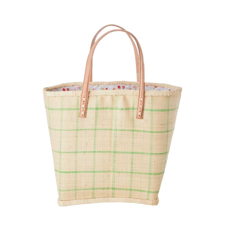 Raffia Veske Medium Natural Grønne Ruter Rice