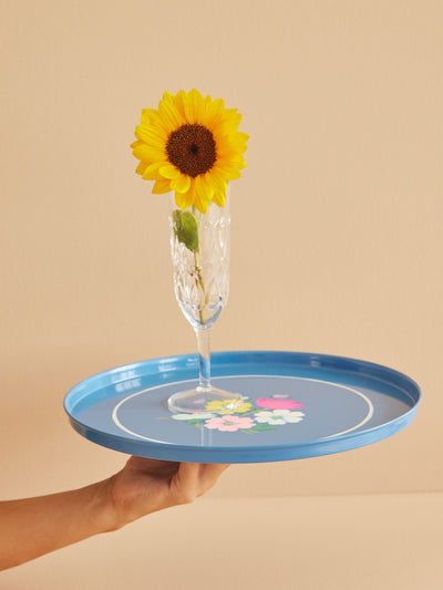 Brett Rund Metall Blå Blomster 38cm Rice